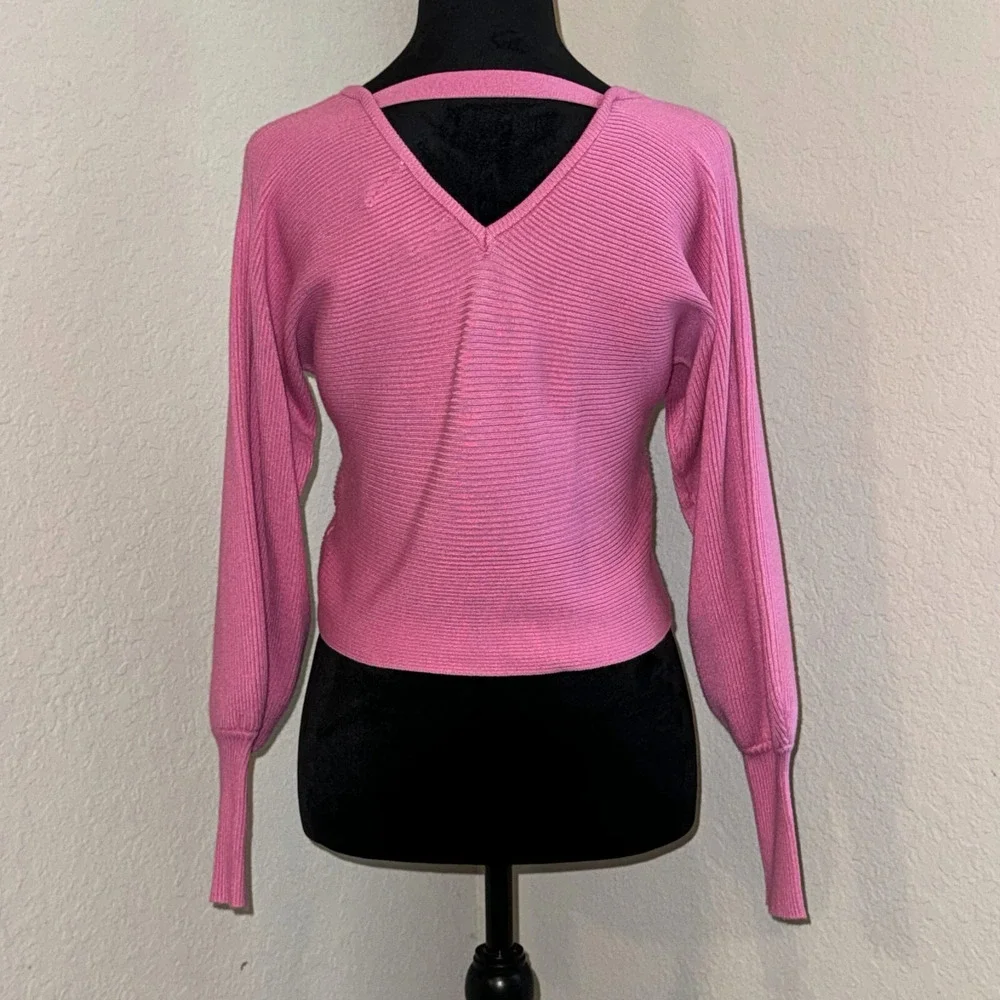 Pink Rose Cropped Sweater Women's XS Pink Long Sleeve Ribbed V-Neck Pullover